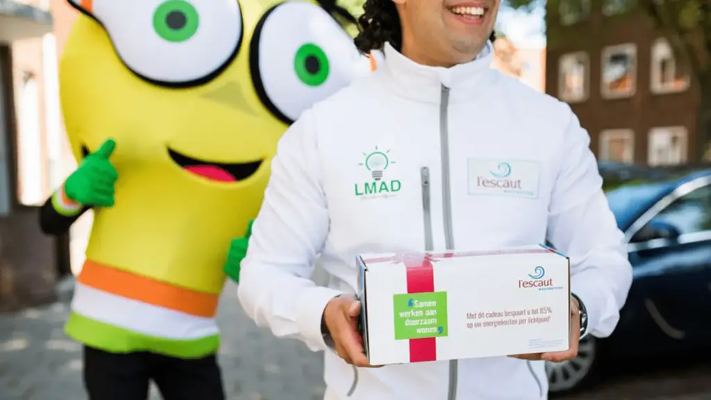 Mascotte Leddy en een medewerker van woonservice l'escaut met een cadeaubox voor de LMAD-actie "Samen werken aan duurzaam wonen"